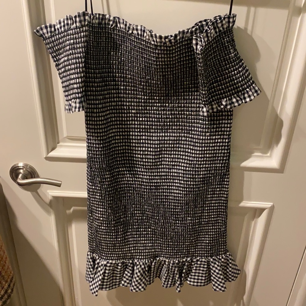 WAYF gingham off the shoulder mini dress.